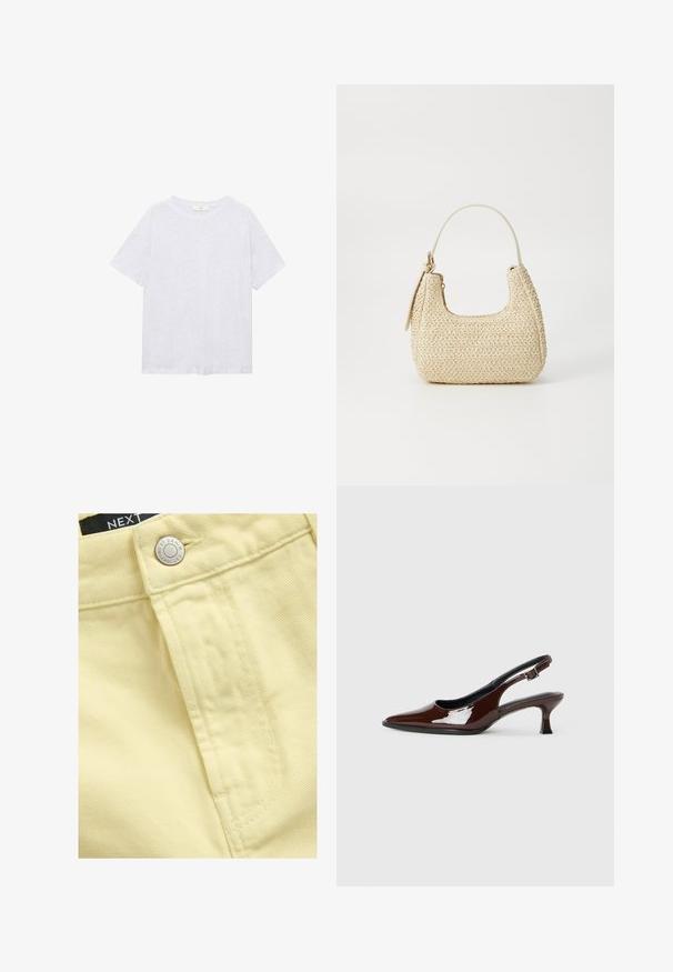 Grå kortärmad T-shirt i mjukt tyg. Har en rund halsringning och en avslappnad passform, med en subtil melerad struktur.; Närbild av gula denimtyg med en knapp och sömdetaljer, med en synlig etikett som säger "NEXT DENIM."; Brun lackläder slingback-sko med spetsig tå och en måttlig klack. Utrustad med en spännband för säker passform. Slät textur.; Vävd halmhandväska i beige med en kurvad form, ett kort handtag och en sidoglid. Har en texturerad yta och minimalistisk design.