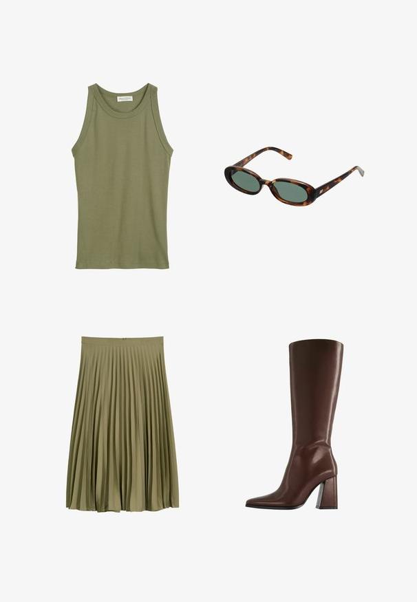 Débardeur vert olive, design sans manches, fabriqué en coton doux, avec un col arrondi et des bords surpiqués. Aucun motif ni accent visible.; Jupe midi plissée vert olive avec ceinture et fermeture éclair dissimulée au dos.; Botte en cuir marron montant jusqu'au genou, avec bout pointu et talon épais de hauteur moyenne, vue de profil sur fond blanc.; Lunettes de soleil en écaille de tortue avec des montures ovales et des verres verts. Elles présentent des branches fines avec un accent métallique près des charnières.