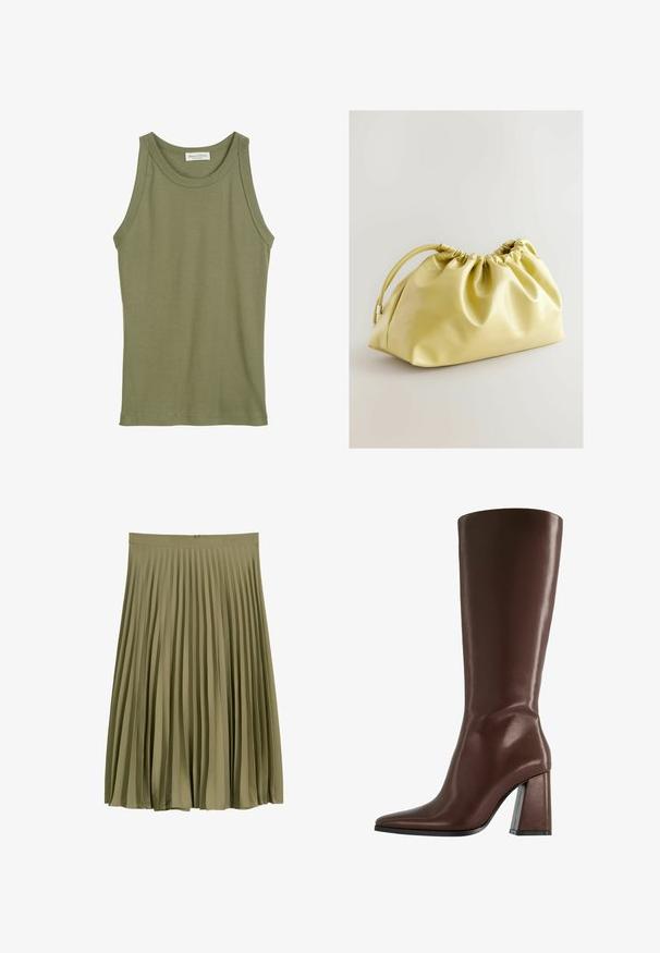 Débardeur vert olive, design sans manches, fabriqué en coton doux, avec un col arrondi et des bords surpiqués. Aucun motif ni accent visible.; Jupe midi plissée vert olive avec ceinture et fermeture éclair dissimulée au dos.; Botte en cuir marron montant jusqu'au genou, avec un bout pointu et un talon épais et transparent. Texture lisse avec un minimum de détails.; Next Pochette - yellow