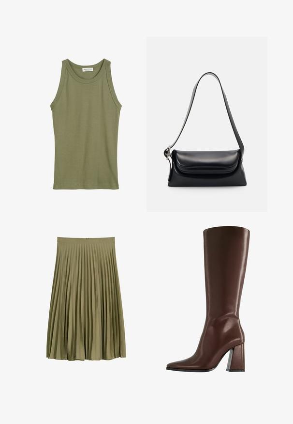 Débardeur vert olive, design sans manches, fabriqué en coton doux, avec un col arrondi et des bords surpiqués. Aucun motif ni accent visible.; Jupe midi plissée vert olive avec ceinture et fermeture éclair dissimulée au dos.; Botte en cuir marron montant jusqu'au genou, avec un bout pointu et un talon épais et transparent. Texture lisse avec un minimum de détails.; Sac à main en cuir noir avec une forme structurée, une texture lisse et une seule bandoulière. Présente un design de rabat arrondi et subtil.