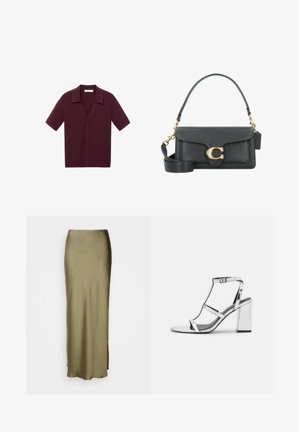 Kratka majica s kratkimi rokavi, temno burgundske barve, izdelana iz teksturirane tkanine, z V-izrezom, tremi gumbi in oblikovanim ovratnikom.; Lindex SKIRT MARY - Dolgo krilo - dusty green; Srebrne metalne sandale na peto s T-trakom, nastavljivim zaponkom za gleženj in blok peto, z gladko, odbojno površino.; Črna usnjena torbica z zlatim okovjem, ki se ponaša s prepoznavnim zapiralom, odstranljivim ramenskim trakom in teksturirano površino.; Srebrni obroči za ušesa z gladko, polirano površino. Okrogla oblika in varna zaponka s klikom. Lahka zasnova, primerna za vsakodnevno nošenje.