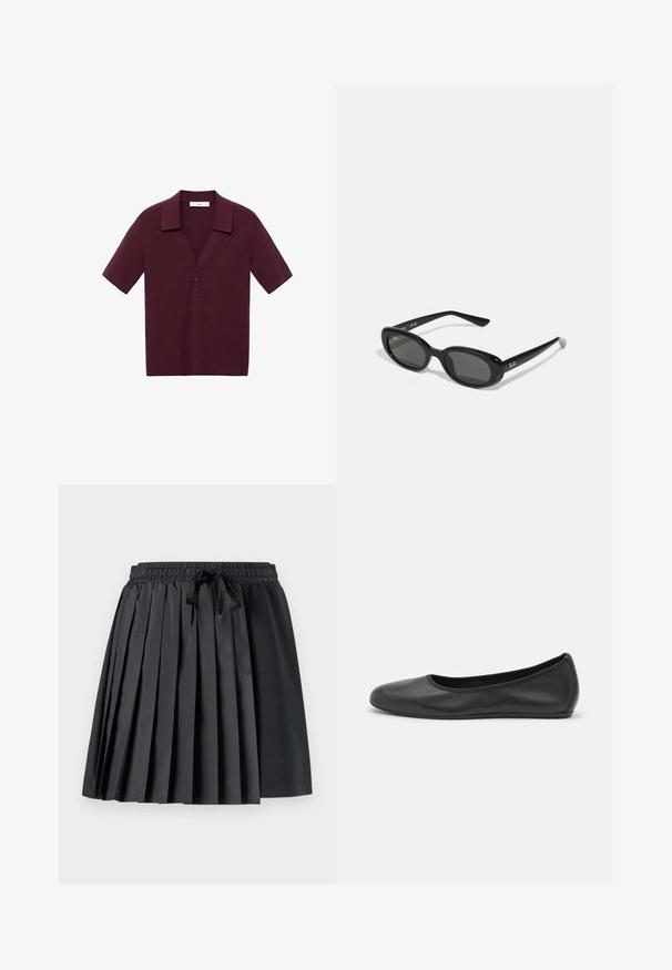Kratší rukáv, tmavě burgundská polo košile vyrobená z texturované látky, s V výstřihem, třemi knoflíky a pevným límcem.; Černá plisovaná sukně s elastickým pasem a šňůrkou; kombinuje hladkou a texturovanou látku pro vrstvený vzhled.; Černé kožené baletní byty s kulatou špičkou, hladkou texturou, minimálními švy a flexibilním designem podrážky.; Černé sluneční brýle s oválnými objektivy, lesklý plastový rám a štíhlé nožičky. Na boku se nachází bílé logo Ray-Ban.; Černá kožená kabelka se zlatým kováním, s podpisovým zapínáním, odnímatelným ramenním popruhem a texturovaným povrchem.