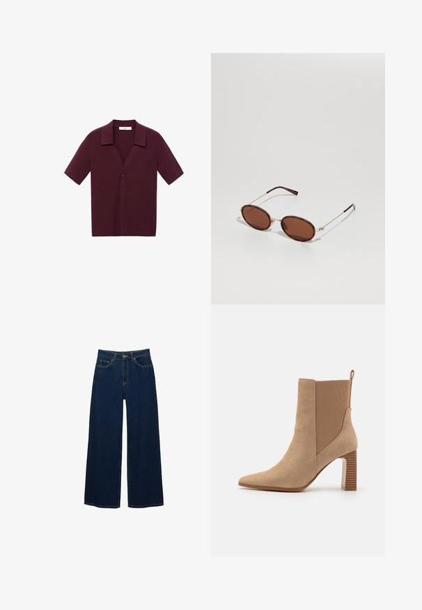 Polo à manches courtes, de couleur bourgogne profond, fabriqué en tissu texturé, avec un col en V, trois boutons et un col structuré.; Jean large bleu foncé en denim, avec une taille haute, des coutures contrastées, des poches avant et une fermeture à bouton et zip.; Bottes chevilles beiges en daim avec des panneaux latéraux élastiques, bout pointu et un talon bloc rayé. Comprend une languette à l'arrière.; Lunettes de soleil ovales marron avec une monture en métal doré, des branches fines et des verres teintés marron. Détail du logo sur la branche. Texture lisse dans l'ensemble.