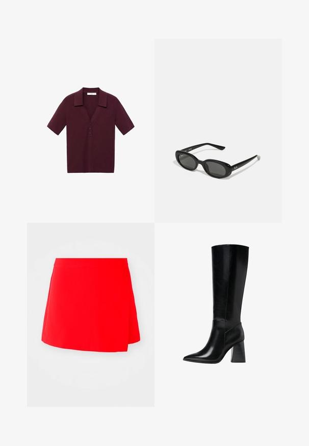 Kurzärmliges, tiefburgunderfarbendes Poloshirt aus strukturiertem Stoff, mit V-Ausschnitt, drei Knöpfen und einem verstärkten Kragen.; Roter Minirock mit glatter Textur, asymmetrischem Design und taillierter Passform. Keine sichtbaren Beschläge oder Muster.; Knöchelhohe schwarze Lederstiefel mit spitzem Schuhkopf, glatter Textur und einem stabilen, profilierten Blockabsatz. Schlankes Design mit minimalen Akzenten.; Schwarze Sonnenbrille mit ovalen Gläsern, glänzendem Kunststoffrahmen und schlanken Bügeln. Mit Ray-Ban-Logo in Weiß an der Seite.; Schwarze Lederhandtasche mit goldenen Hardware-Akzenten, ausgestattet mit einem charakteristischen Verschluss, einem abnehmbaren Schultergurt und einer strukturierten Oberfläche.