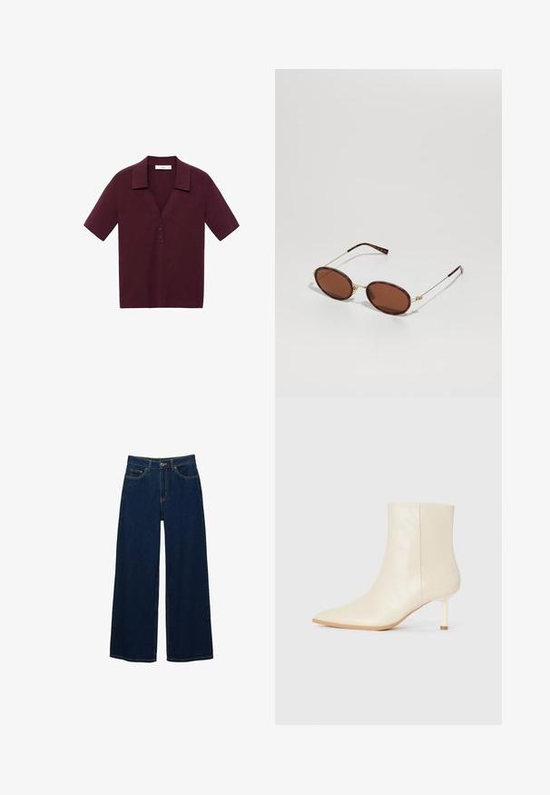 Polo-shirt cu mânecă scurtă, de culoare burgundie închisă, realizat dintr-un material texturat, cu decupaj în V, trei nasturi și guler structurat.; Jeans largi de culoare albastru închis, confecționați din denim, cu talie înaltă, cusături în contrast, buzunare frontale și închidere cu nasture și fermoar.; Botă ankle de culoare crem, cu vârf ascuțit și toc subțire de înălțime medie, cu textură netedă, prezentată din partea exterioară pe un fundal alb.; Ochelari de soare ovali căprui cu ramă din metal aurit, cu brațe subțiri și lentile colorate în nuanță căpruie. Detaliu cu logo pe braț. Textură netedă în general.