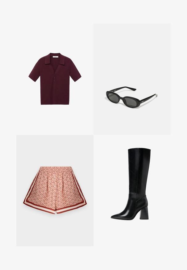 Kratší rukáv, tmavě burgundská polo košile vyrobená z texturované látky, s V výstřihem, třemi knoflíky a pevným límcem.; Tiskované šortky v světle růžové barvě s geometrickým vzorem. Mají elastický pas a kontrastní červené okraje. Měkká textura látky.; Černé kožené boty po kolena s špičatou špičkou, hladkým povrchem a robustním vroubkovaným podpatkem pro stabilitu. Elegantní design s minimálními akcenty.; Černé sluneční brýle s oválnými objektivy, lesklý plastový rám a štíhlé nožičky. Na boku se nachází bílé logo Ray-Ban.; Černá kožená kabelka se zlatým kováním, s podpisovým zapínáním, odnímatelným ramenním popruhem a texturovaným povrchem.
