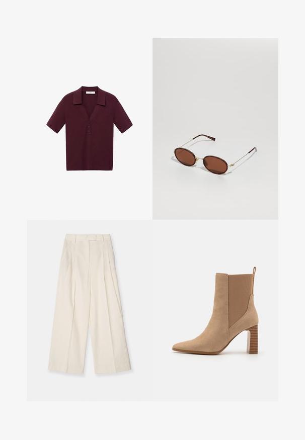 Kurzärmliges, tiefburgunderfarbendes Poloshirt aus strukturiertem Stoff, mit V-Ausschnitt, drei Knöpfen und einem verstärkten Kragen.; Weite Hosen aus strukturiertem cremefarbenem Material. Mit hohem Bund, Falten, Gürtelschlaufen und einem klaren, minimalistischen Design.; Beige Ankle-Boots aus Wildleder mit elastischen Seitenpaneelen, spitzer Zehenform und einem gestreiften Blockabsatz. Mit einem Ziehgriff an der Rückseite.; Braune ovale Sonnenbrillen mit einem goldenen Metallrahmen, dünnen Bügeln und braun getönten Gläsern. Logodetail am Bügel. Insgesamt glatte Textur.