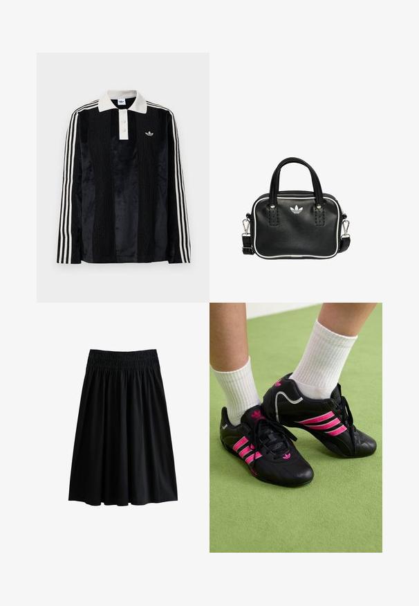 Zwarte fluwelen long-sleeve polo shirt met een witte geribbelde kraag, drie knopen, een textuur aan de voorkant en drie witte strepen op elke mouw.; Zwarte, knielange rok met een smockband. Gemaakt van zacht materiaal, heeft het een relaxte pasvorm en een gladde textuur zonder zichtbare patronen.; Zwarte sportschoenen met drie roze strepen, een bovenwerk van gestructureerd leer, zwarte veters en logo-detail, gecombineerd met witte ribbelkousen op een groene ondergrond.; Zwarte leren handtas met twee korte handvatten, zilverkleurige hardware, witte accenten en een wit logo. Heeft een gestructureerd oppervlak en een compact ontwerp.