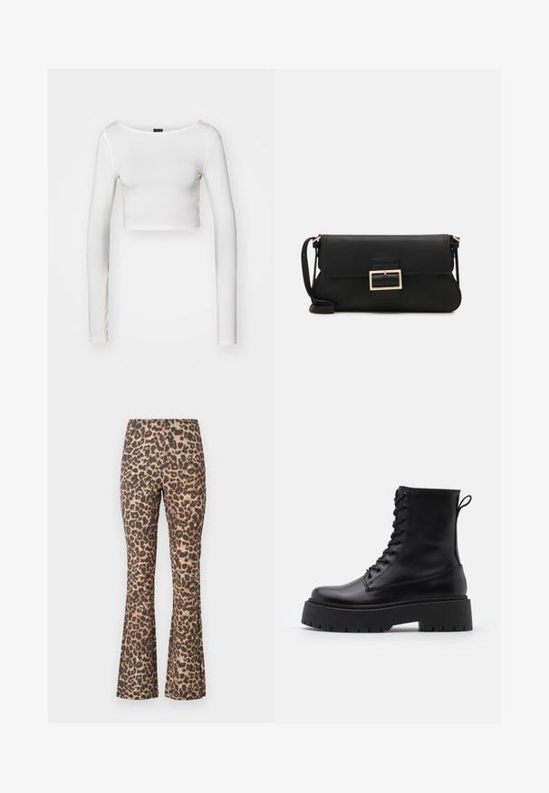 Gina Tricot SOFT TOUCH CROPPED TOP - Long sleeved top - pristine; Leopard print flared pants in brown and tan. Soft fabric with a slightly textured finish. Features a high waist and fitted silhouette throughout.; Black leather ankle boots with a round toe, lace-up front, and a thick rubber sole featuring a textured tread. Pull tab at the back.; Black leather clutch bag with a flap and a gold metal buckle detail. Includes a black strap and a sleek, minimalist design.