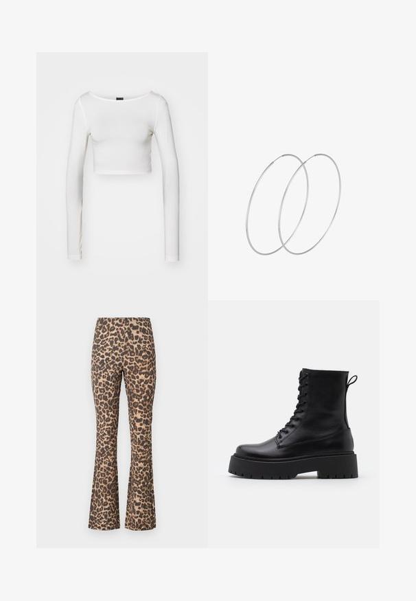 Gina Tricot SOFT TOUCH CROPPED TOP - Longsleeve - pristine; Leopardprint flarebroeken in bruin en tan. Zachte stof met een licht gestructureerde afwerking. Heeft een hoge taille en een aansluitende pasvorm door het hele lichaam.; Zwarte leren enkelboots met een ronde neus, vetersluiting aan de voorkant en een dikke rubberen zool met een gestructureerd profiel. Trekbandje aan de achterkant.; Zilveren hoepel oorbellen met een minimalistisch ontwerp. Cirkelvormig, gladde textuur en dun profiel. Lichtgewicht met een gepolijste afwerking.