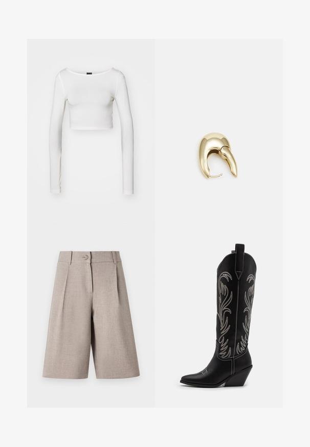 Gina Tricot SOFT TOUCH CROPPED TOP - Camiseta de manga larga - pristine; Pantalones cortos beige ajustados con pliegues, con cierre de botón y textura suave, diseñados para una silueta moderna y estructurada.; Botas de cowboy de cuero negro con puntas afiladas, tacones cuña y patrones florales bordados en plata a lo largo del caña. Costuras en contraste por toda la bota.; Pendiente de metal en tono dorado con un diseño elegante y curvado. Presenta una forma puntiaguda distintiva, superficie pulida y cierre de bisagra.