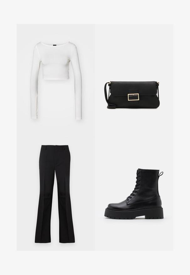 Gina Tricot SOFT TOUCH CROPPED TOP - Long sleeved top - pristine; Black flared trousers made of smooth fabric, featuring a flat front, side pockets, and a classic waistband with belt loops.; Black leather ankle boots with a round toe, lace-up front, and a thick rubber sole featuring a textured tread. Pull tab at the back.; Black leather clutch bag with a flap and a gold metal buckle detail. Includes a black strap and a sleek, minimalist design.