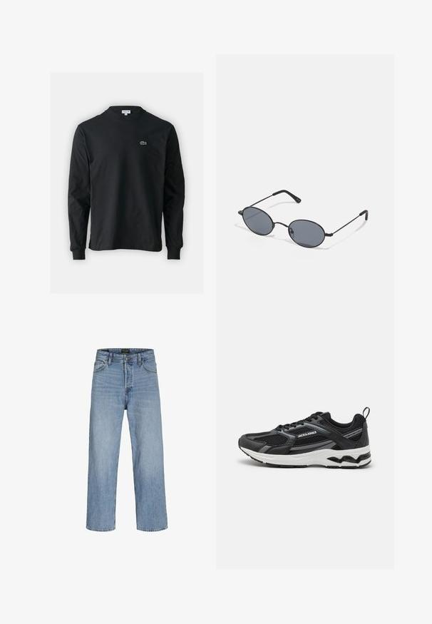 Black long-sleeve t-shirt made of cotton, featuring a round neckline and a small green embroidered crocodile logo on the left chest.; Light blue denim jeans with a high waist, straight leg design, five pockets, and a button fly closure. Classic wash with minimal distressing.; Jack & Jones JFWTOKYO - Trainers - anthracite; Black oval sunglasses with dark lenses and thin metal frames. Features slender arms with a subtle curve at the ends.; Black crossbody bag with a zippered pocket, rectangular shape, made of fabric, featuring a logo patch on the front, adjustable shoulder strap.