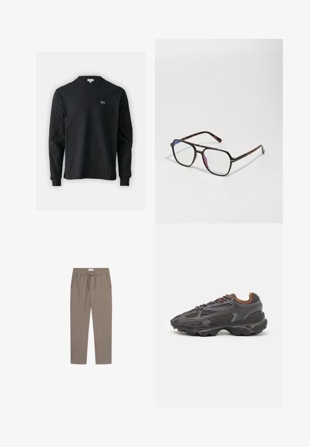 Czarna koszulka z długim rękawem, wykonana z bawełny, z okrągłym dekoltem i małym haftowanym logo krokodyla w kolorze zielonym po lewej stronie klatki piersiowej.; Szare spodnie dresowe z elastycznym pasem, sznurkiem i bocznymi kieszeniami. Materiał wydaje się gładki, z luźnym krojem i zwężanymi nogawkami.; Sneakers Lacoste w ciemnoszarym kolorze, wykonane z siateczki i materiału syntetycznego, z teksturowaną podeszwą oraz brązowymi akcentami na kołnierzu i logotypie.; Okulary przeciwsłoneczne w wzór żółwia, o czworobocznym kształcie, z przezroczystymi soczewkami i cienkimi metalowymi akcentami na ramie.