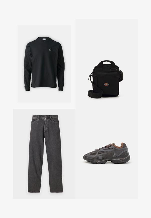 Črna dolgi rokavi majica iz bombaža, z okroglim ovratnikom in majhnim zelenim vezenim logotipom krokodila na levem prsnem delu.; Črne jeans hlače s ravnim krojem, petimi žepi in subtilnim bledenjem. Imajo gumbasto zapiranje in zanke za pas.; Lacoste teniske v temno sivi barvi z mrežasto in sintetično prevleko, s teksturiranim podplatom in rjavimi detajli na ovratniku ter blagovni znamki.; Črna crossbody torba z zadrgo, pravokotne oblike, izdelana iz blaga, z logotipom na sprednji strani, nastavljivim ramenskim trakom.