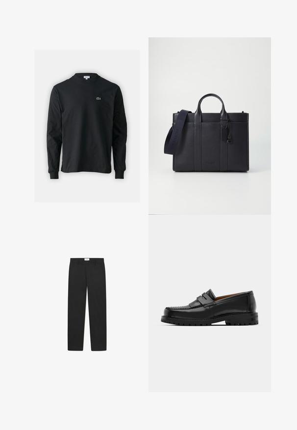 T-shirt noir à manches longues en coton, avec un col rond et un petit logo de crocodile brodé vert sur la poitrine gauche.; Pantalons noirs avec une coupe droite, fabriqués dans un tissu à texture lisse, dotés de deux poches avant et d'une taille standard.; Des mocassins en cuir noir présentent une couture surélevée, deux sangles décoratives sur le dessus et une semelle épaisse et texturée pour une meilleure adhérence.; Malette en cuir bleu marine foncé avec deux poignées supérieures et une sangle détachable. Présente une finition texturée, des coutures verticales et un détail de logo.