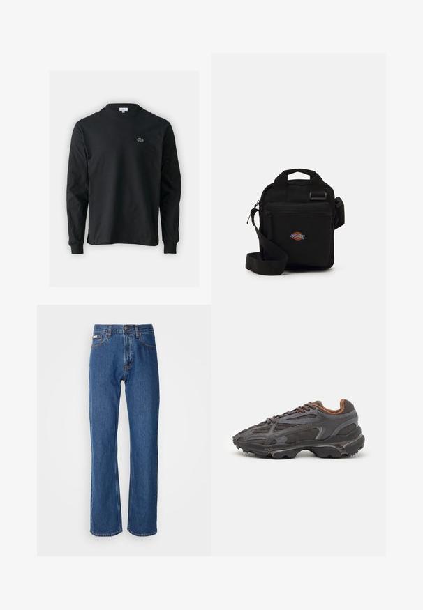Črna dolgi rokavi majica iz bombaža, z okroglim ovratnikom in majhnim zelenim vezenim logotipom krokodila na levem prsnem delu.; Modre traperice imajo ravno krojenje, klasičen pet-žepni dizajn in kontrastno prošito ob šivih.; Lacoste teniske v temno sivi barvi z mrežasto in sintetično prevleko, s teksturiranim podplatom in rjavimi detajli na ovratniku ter blagovni znamki.; Črna crossbody torba z zadrgo, pravokotne oblike, izdelana iz blaga, z logotipom na sprednji strani, nastavljivim ramenskim trakom.