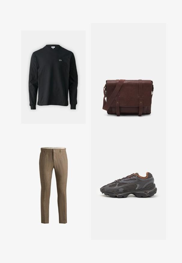 Camisola preta de manga longa feita de algodão, com decote redondo e um pequeno logótipo de crocodilo bordado em verde no lado esquerdo do peito.; Calças de linho castanhas com um acabamento texturizado. Apresentam um corte clássico, bolsos laterais e um discreto detalhe de fecho frontal.; Ténis Lacoste em cinza-escuro com material em malha e sintético, apresentando uma sola texturizada e detalhes castanhos na gola e na marca.; Mala mensageiro de couro castanho com uma aba frontal plana, duas correias, detalhes em metal dourado e uma alça de ombro ajustável.