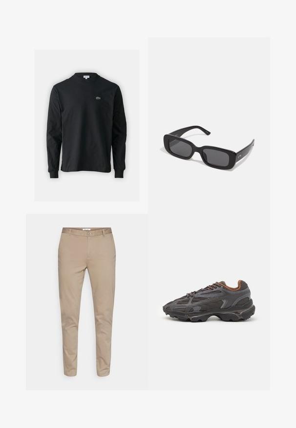 Crna majica dugih rukava od pamuka, s okruglim izrezom i malim zelenim izvezenim logotipom krokodila s lijeve strane prsnog dijela.; Bež pamučne chinos hlače ravnog kroja, s kopčanjem na gumbe, peteljkama za remen i bočnim džepovima. Glatka tekstura bez uzoraka.; Lacoste tenisice u tamno sivoj boji s mrežastim i sintetičkim materijalom, s teksturiranom potplatom i smešnim akcentima na ovratniku i brandiranju.; Crne pravokutne sunčane naočale s tamnim lećama, glatkim plastičnim okvirom i širokim naramnicama. Suptilan brend s bočne strane.