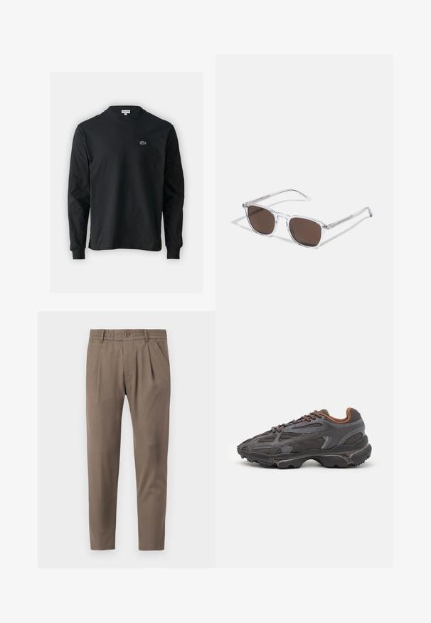 Black long-sleeve t-shirt made of cotton, featuring a round neckline and a small green embroidered crocodile logo on the left chest.; DRYKORN CHASY - Chinos - nougat; Lacoste sneakers in dark gray with mesh and synthetic material, featuring a textured sole and brown accents on the collar and branding.; Clear plastic sunglasses with rectangular brown lenses, featuring thin, transparent arms and metal accents on the temples.