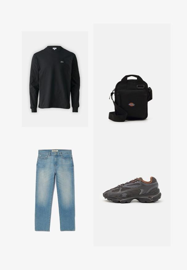 Camiseta de manga larga negra de algodón, con escote redondo y un pequeño logo de cocodrilo bordado en verde en el lado izquierdo del pecho.; Jeans de mezclilla azul claro con un diseño de pierna recta, cinco bolsillos y un lavado ligeramente desgastado. Presentan herrajes plateados y una etiqueta de marca en la cinturilla.; Zapatillas Lacoste en gris oscuro con material de malla y sintético, que cuentan con una suela texturizada y detalles en marrón en el cuello y la marca.; Bolso cruzado negro con un bolsillo con cremallera, forma rectangular, hecho de tela, con un parche de logo en la parte delantera, tira de hombro ajustable.