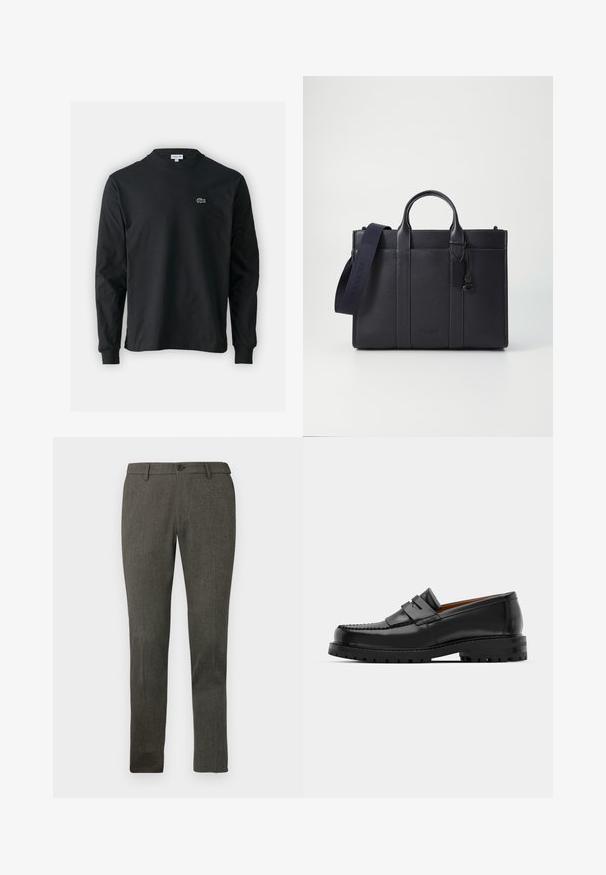 Tricou negru cu mânecă lungă, realizat din bumbac, cu un guler rotund și un mic logo brodat cu un crocodil verde pe partea stângă a pieptului.; Pantaloni eleganți pentru bărbați, slim-fit, de culoare gri închis, cu bucle pentru curea, nasture frontal și țesătură subtil texturată.; Mocasinii din piele neagră au o cusătură ridicată, două bare decorative pe partea superioară și o talpă groasă texturată pentru o aderență suplimentară.; Servietă din piele de culoare albastru închis, cu două mânere superioare și o curea detasabilă. Prezintă un finisaj texturat, cusături verticale și detalii cu logo.