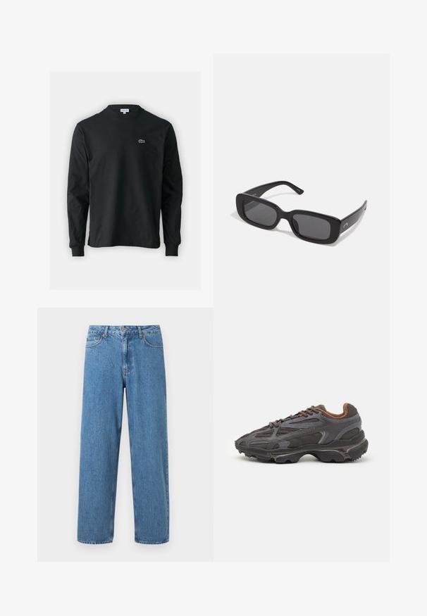 Crna majica dugih rukava od pamuka, s okruglim izrezom i malim zelenim izvezenim logotipom krokodila s lijeve strane prsnog dijela.; Svijetloplavi traperice s ravnim krojem, visokim strukom i dizajnom od pet džepova. Imaju zatvaranje na gumb i patentni zatvarač, s vidljivim šavovima.; Lacoste tenisice u tamno sivoj boji s mrežastim i sintetičkim materijalom, s teksturiranom potplatom i smešnim akcentima na ovratniku i brandiranju.; Crne pravokutne sunčane naočale s tamnim lećama, glatkim plastičnim okvirom i širokim naramnicama. Suptilan brend s bočne strane.