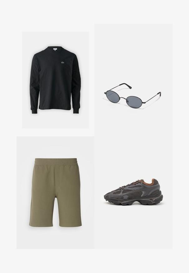 T-shirt a maniche lunghe nera in cotone, con scollatura rotonda e un piccolo logo di coccodrillo ricamato in verde sul lato sinistro del petto.; Pantaloni corti verde oliva con cintura elasticizzata, taglio dritto e texture liscia. Presentano un design semplice senza tasche o decorazioni.; Sneaker Lacoste grigie scure in materiale mesh e sintetico, con suola testurizzata e dettagli marroni sul colletto e sul branding.; Occhiali da sole ovali neri con lenti scure e montatura in metallo sottile. Presentano aste slanciate con una leggera curva alle estremità.