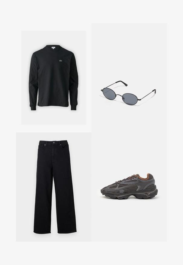 Musta pitkähiha t-paita, joka on valmistettu puuvillasta. Paita on varustettu pyöreällä kaula-aukolla ja vasemmassa rinnassa on pieni vihreä brodeerattu krokotiililogo.; Mustat leveät farkut denimistä. Ominaisuudet: korkea vyötärö, viisi taskua ja metallinappikiinnitys. Sileä pinta, ilman kuvioita.; Lacoste-tennar i mörkgrått med nät- och syntetmaterial, med en texturerad sula och bruna accenter på kragen och märket.; Mustat ovaalit aurinkolasit tummilla linsseillä ja ohuilla metallikehyksillä. Ominaisuuksiin kuuluu hoikat varret, joissa on hienovarainen kaarevuus päissä.