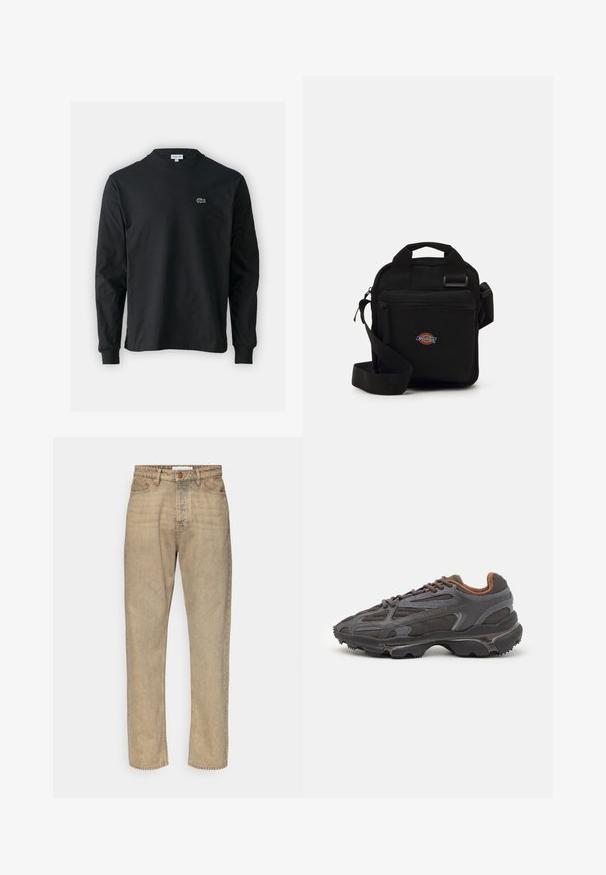 Czarna koszulka z długim rękawem, wykonana z bawełny, z okrągłym dekoltem i małym haftowanym logo krokodyla w kolorze zielonym po lewej stronie klatki piersiowej.; Beżowe dżinsy z prostymi nogawkami, z zapięciem na guzik, pięcioma kieszeniami i subtelnie wyczuwalnym efektem przecierania na całej powierzchni.; Sneakers Lacoste w ciemnoszarym kolorze, wykonane z siateczki i materiału syntetycznego, z teksturowaną podeszwą oraz brązowymi akcentami na kołnierzu i logotypie.; Czarna torebka na ramię z zamkiem błyskawicznym, prostokątna, wykonana z tkaniny, z naszywką logo z przodu, z regulowanym paskiem na ramię.