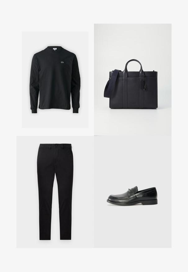 Fekete hosszú ujjú pamut póló, kerek nyakkivágással, bal mellen egy kis zöld hímzett krokodil logóval.; Fekete chino nadrág sima anyagból, egyenes szabással. Elöl gombos záródással és oldalsó zsebekkel rendelkezik, tiszta, minimalista dizájnnal.; Fekete bőrcipő, lekerekített orral, varrott mintázattal, kis elülső pánttal, fém részletekkel és lapos gumitalppal.; Sötét tengerészkék bőr aktatáska, dupla felső fogantyúval és levehető pánttal. Texturált felülettel, függőleges varrással és logó részlettel rendelkezik.
