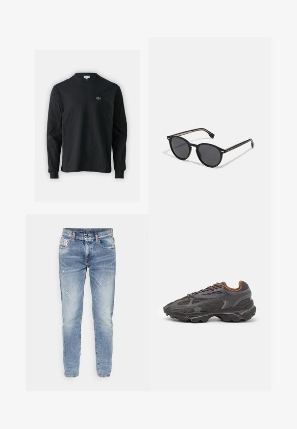 Camisola preta de manga longa feita de algodão, com decote redondo e um pequeno logótipo de crocodilo bordado em verde no lado esquerdo do peito.; Jeans de ganga azul claro com acabamento desbotado, detalhes desgastados, design padrão de cinco bolsos e corte reto.; Ténis Lacoste em cinza-escuro com material em malha e sintético, apresentando uma sola texturizada e detalhes castanhos na gola e na marca.; BOSS Óculos de sol - black