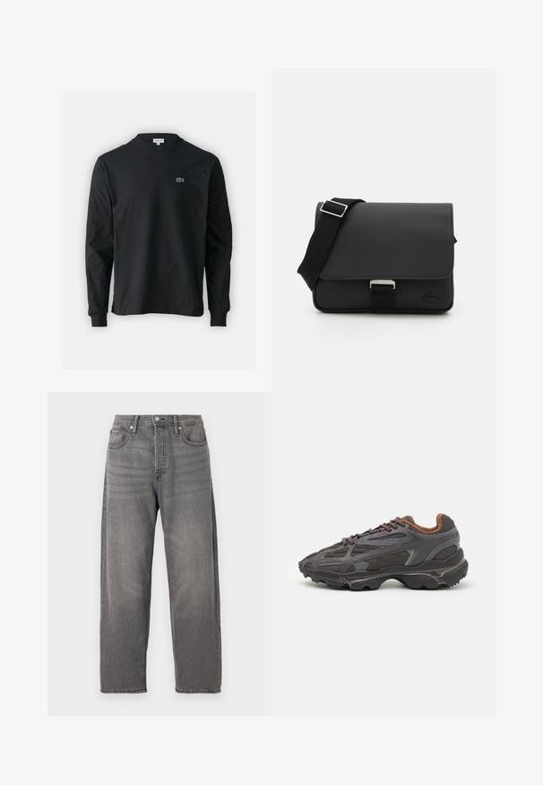 Camiseta de manga larga negra de algodón, con escote redondo y un pequeño logo de cocodrilo bordado en verde en el lado izquierdo del pecho.; Jeans de mezclilla gris con un ajuste holgado, piernas rectas, diseño de cinco bolsillos y cierre de botón de metal. Presentan una textura desgastada y costuras sutiles.; Zapatillas Lacoste en gris oscuro con material de malla y sintético, que cuentan con una suela texturizada y detalles en marrón en el cuello y la marca.; Bandolera negra hecha de material texturizado con cierre de solapa, correa ajustable y herrajes de metal. Presenta un detalle de logo en la parte frontal.