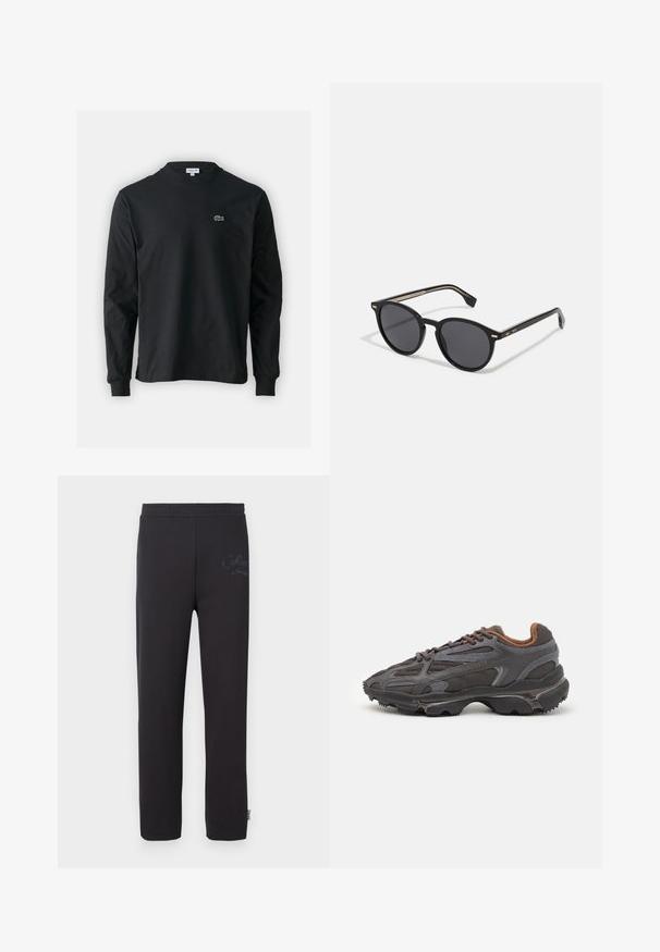 Black long-sleeve t-shirt made of cotton, featuring a round neckline and a small green embroidered crocodile logo on the left chest.; Black sweatpants with an elastic waistband, featuring a subtle printed logo on the left thigh and a straight-leg design.; Lacoste sneakers in dark gray with mesh and synthetic material, featuring a textured sole and brown accents on the collar and branding.; BOSS Sunglasses - black