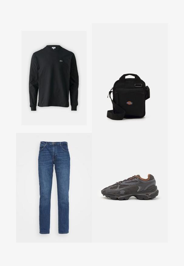 Juodas ilgomis rankovėmis marškinėliai iš medvilnės, turintys apvalią iškirptę ir mažą žalią išsiuvinėtą krokodilo logotipą kairėje krūtinės pusėje.; Mėlyni džinsai su tiesiu sijonu, turintys penkis kišenes, metalinį mygtuką ir švelnų blukimo efektą lygiai tekstūroje.; Lacoste sportbačiai tamsiai pilki, pagaminti iš tinklinės ir sintetinių medžiagų, su tekstūruotu padu ir rudomis detalėmis ant apykaklės bei prekės ženklo.; Juodas per petį nešiojamas krepšys su užtrauktuku, stačiakampio formos, pagamintas iš audinio, su logotipo siuviniu priekyje, reguliuojamo ilgio petneša.