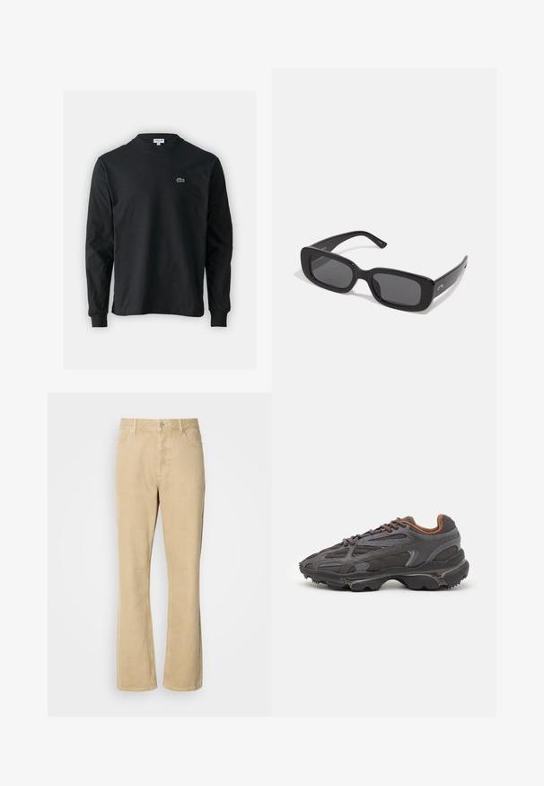 Camiseta de manga larga negra de algodón, con escote redondo y un pequeño logo de cocodrilo bordado en verde en el lado izquierdo del pecho.; Pantalones de pana beige de corte acampanado con cierre de botón y cremallera, que cuentan con cinco bolsillos y costuras visibles a lo largo de las piernas. Textura suave.; Zapatillas Lacoste en gris oscuro con material de malla y sintético, que cuentan con una suela texturizada y detalles en marrón en el cuello y la marca.; Gafas de sol rectangulares negras con lentes oscuros, montura de plástico suave y patas anchas. Marca sutil en el lado.