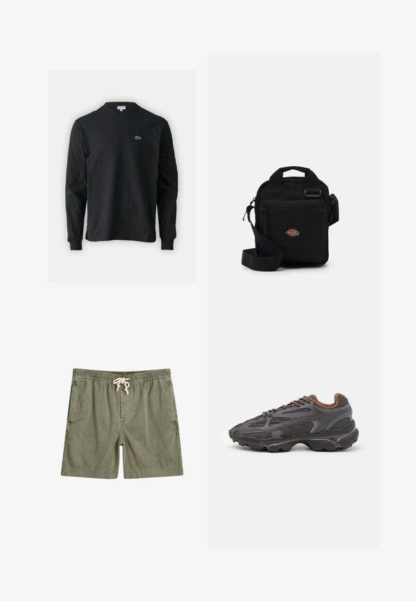 Juodas ilgomis rankovėmis marškinėliai iš medvilnės, turintys apvalią iškirptę ir mažą žalią išsiuvinėtą krokodilo logotipą kairėje krūtinės pusėje.; Tamsiai žalios šortai pagaminti iš minkštos medžiagos, turi elastingą juosmenį su raišteliu, dvi šonines kišenes ir laisvą siluetą.; Lacoste sportbačiai tamsiai pilki, pagaminti iš tinklinės ir sintetinių medžiagų, su tekstūruotu padu ir rudomis detalėmis ant apykaklės bei prekės ženklo.; Juodas per petį nešiojamas krepšys su užtrauktuku, stačiakampio formos, pagamintas iš audinio, su logotipo siuviniu priekyje, reguliuojamo ilgio petneša.
