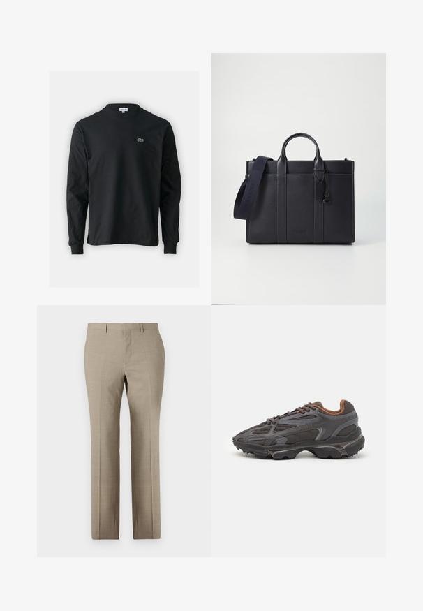 Black long-sleeve t-shirt made of cotton, featuring a round neckline and a small green embroidered crocodile logo on the left chest.; Beige tailored trousers with a smooth texture, straight-leg design, subtle plaid pattern, and flat front. Two back pockets included.; Lacoste sneakers in dark gray with mesh and synthetic material, featuring a textured sole and brown accents on the collar and branding.; Dark navy leather briefcase with dual top handles and a detachable strap. Features textured finish, vertical stitching, and logo detail.