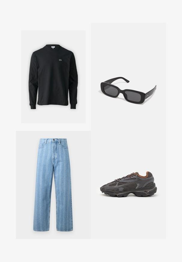 Černé dlouhé rukávy triko vyrobené z bavlny, s kulatým výstřihem a malým zeleným vyšitým logem krokodýla na levé hrudi.; Světle modré džínové kalhoty s širokým nohavicí, zdobené opakujícím se řetězovým vzorem. Klasický styl s pěti kapsami a kovovým knoflíkem.; Sněrovací boty Lacoste v tmavě šedé barvě s síťovinou a syntetickým materiálem, prezentující texturovanou podrážku a hnědé detaily na límci a logu.; Černé obdélníkové sluneční brýle s tmavými čočkami, hladkými plastovými rámy a širokými stranami. Jemné logo na boku.