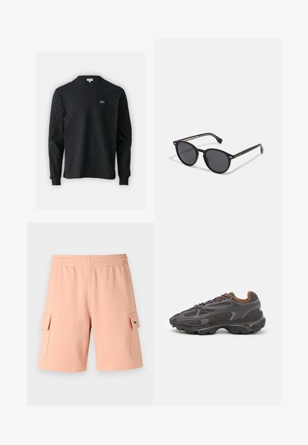 Zwarte longsleeve t-shirt van katoen, met een ronde halslijn en een klein groen geborduurd krokodillenlogo op de linkerborst.; Lichtroze shorts van katoenmix met een elastische tailleband, twee zijzakflappen en een groene logo-accent.; Lacoste sneakers in donkergrijs van mesh en synthetisch materiaal, met een gestructureerde zool en bruine accenten op de kraag en branding.; BOSS Zonnebril - black