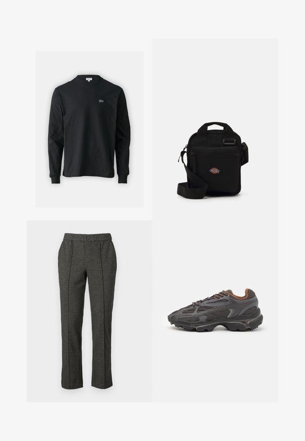 T-shirt a maniche lunghe nera in cotone, con scollatura rotonda e un piccolo logo di coccodrillo ricamato in verde sul lato sinistro del petto.; Pantaloni grigi su misura con un tessuto testurizzato, dotati di una vita elastica, gambe dritte e dettagli con piega frontale.; Sneaker Lacoste grigie scure in materiale mesh e sintetico, con suola testurizzata e dettagli marroni sul colletto e sul branding.; Borsa a tracolla nera con tasca con zip, forma rettangolare, realizzata in tessuto, con una patch del logo sul davanti e spallaccio regolabile.