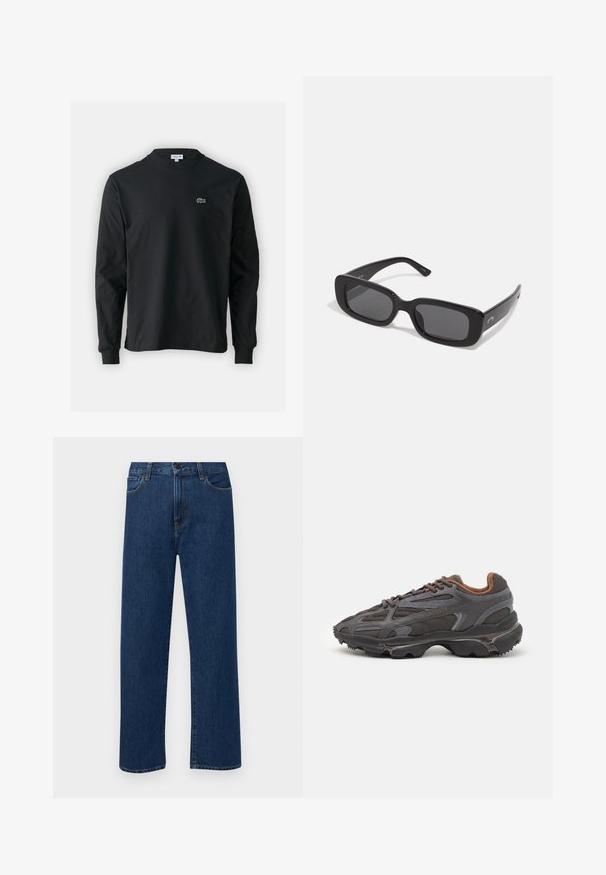 Musta pitkähiha t-paita, joka on valmistettu puuvillasta. Paita on varustettu pyöreällä kaula-aukolla ja vasemmassa rinnassa on pieni vihreä brodeerattu krokotiililogo.; Tummansinisiä suoranlahkeisia farkkuja, joissa on etutaskut ja nappikiinnitys, esiteltynä yksinkertaisella valkoisella taustalla.; Lacoste-tennar i mörkgrått med nät- och syntetmaterial, med en texturerad sula och bruna accenter på kragen och märket.; Mustat suorakulmaiset aurinkolasit tummilla linsseillä, sileät muovipuitteet ja leveät sangat. Hienovarainen brändäys sivussa.