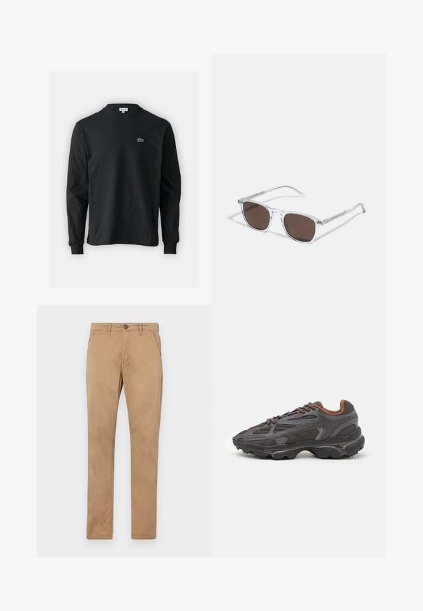 Sort langærmet t-shirt lavet af bomuld, med rund halsudskæring og et lille grønt broderet krokodillelogo på venstre bryst.; Tan, lige ben chinos lavet af bomuld. Har en frontknap, lynlås og sidelommer med en glat struktur og uden synlige mønstre.; Lacoste sneakers i mørkegrå med mesh og syntetisk materiale, udstyret med en tekstureret sål og brune accenter på kraven og brandingen.; Klare plastik solbriller med rektangulære brune linser, med tynde, transparente stænger og metal accenter på templerne.
