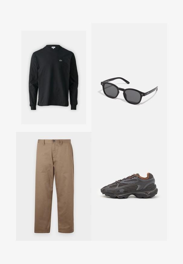 Schwarzes Langarm-T-Shirt aus Baumwolle, mit Rundhalsausschnitt und einem kleinen grünen, gestickten Krokodil-Logo auf der linken Brust.; Braune Baumwollhosen mit geradem Schnitt, ausgestattet mit einem Knopfverschluss, Seitentaschen und einer glatten Textur. Keine sichtbaren Muster oder Akzente.; Lacoste Sneaker in Dunkelgrau aus Mesh und Synthetikmaterial, mit einer strukturierten Sohle und braunen Akzenten am Kragen und Logo.; Schwarze ovale Sonnenbrillen mit dunklen Gläsern, dicken Rahmen und silbernen Punktekzenten an den Seiten. Glattes Plastikmaterial, zeitgemäßes Design.