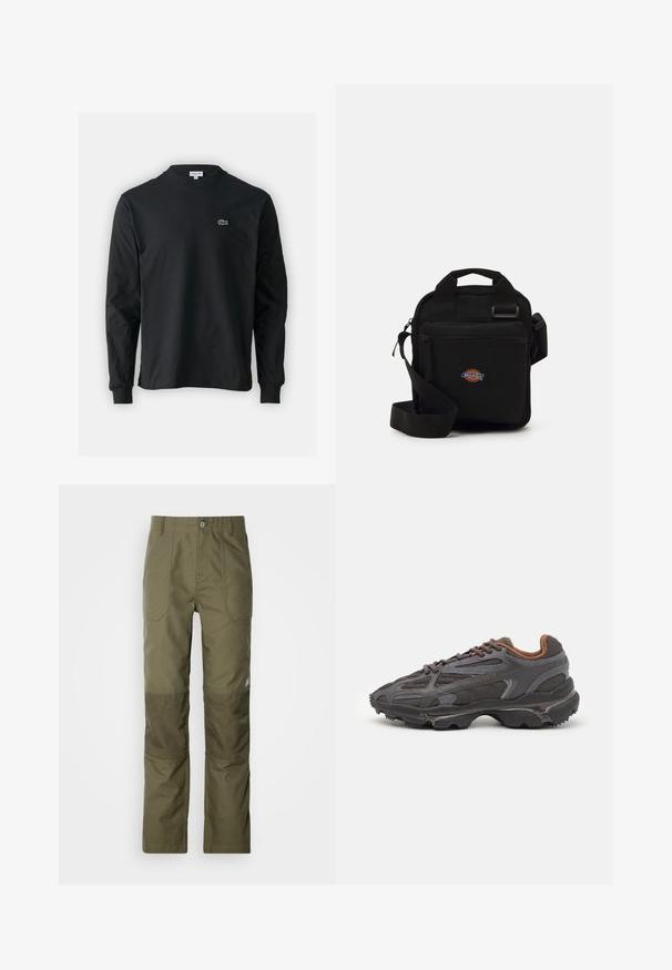 Czarna koszulka z długim rękawem, wykonana z bawełny, z okrągłym dekoltem i małym haftowanym logo krokodyla w kolorze zielonym po lewej stronie klatki piersiowej.; Oliwkowe spodnie o prostym kroju, z wzmocnionymi łatami na kolanach, dwoma przednimi kieszeniami i zapięciem na guzik w talii.; Sneakers Lacoste w ciemnoszarym kolorze, wykonane z siateczki i materiału syntetycznego, z teksturowaną podeszwą oraz brązowymi akcentami na kołnierzu i logotypie.; Czarna torebka na ramię z zamkiem błyskawicznym, prostokątna, wykonana z tkaniny, z naszywką logo z przodu, z regulowanym paskiem na ramię.