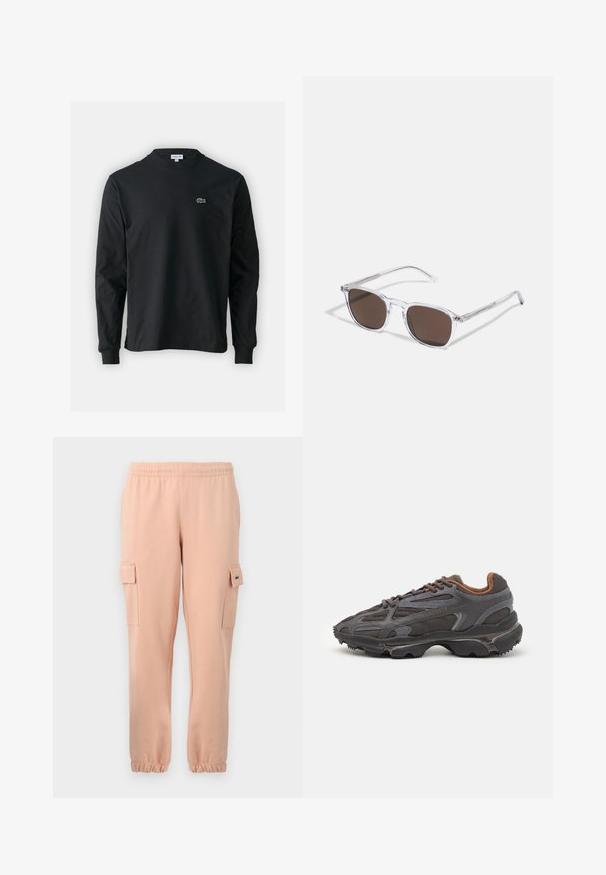 Svart langermet T-skjorte laget av bomull, med rund hals og en liten grønn brodert krokodillelogo på venstre bryst.; Rosa bomulls joggebukser med elastisk midjebånd, ribbede mansjetter, to sidelommer og et lite logopatch på en lomme.; Lacoste-sneakers i mørkegrått med mesh- og syntetisk materiale, med en teksturert såle og brune detaljer på kragen og merket.; Klare plastikk solbriller med rektangulære brune linser, med tynne, gjennomsiktige armer og metalldetaljer på templene.