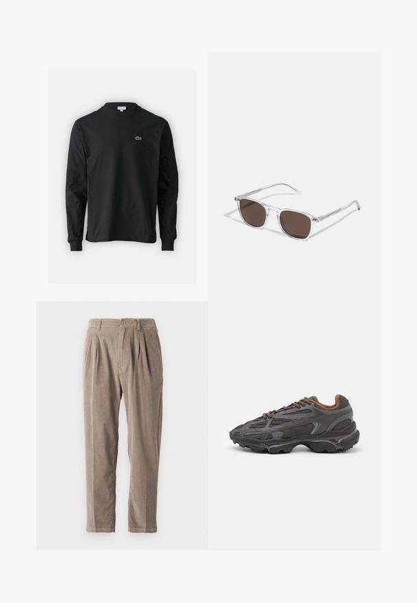 Black long-sleeve t-shirt made of cotton, featuring a round neckline and a small green embroidered crocodile logo on the left chest.; Beige corduroy trousers with a relaxed fit, featuring pleats, a button closure, and side pockets, textured surface, and tapered leg design.; Lacoste sneakers in dark gray with mesh and synthetic material, featuring a textured sole and brown accents on the collar and branding.; Clear plastic sunglasses with rectangular brown lenses, featuring thin, transparent arms and metal accents on the temples.