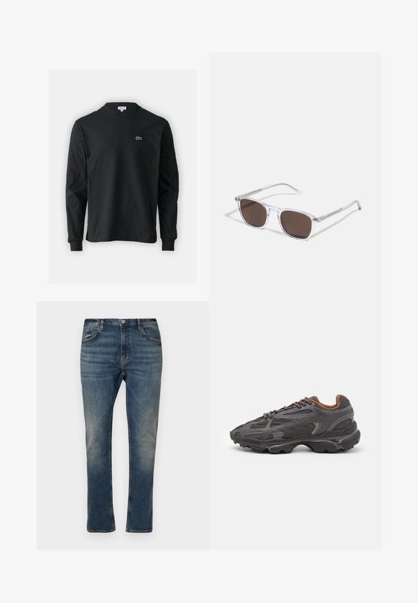 Musta pitkähiha t-paita, joka on valmistettu puuvillasta. Paita on varustettu pyöreällä kaula-aukolla ja vasemmassa rinnassa on pieni vihreä brodeerattu krokotiililogo.; Tummansiniset farkut, joissa on suora leikkaus, viisi taskua, nappi- ja vetoketjusuljenta, sekä hienovaraisia haalistumia ja ompeluaksentteja.; Lacoste-tennar i mörkgrått med nät- och syntetmaterial, med en texturerad sula och bruna accenter på kragen och märket.; Aurinkolasit, joissa on kirkas muovikehys ja suorakulmaiset ruskeat linssit, ohuilla läpinäkyvillä varsilla ja metallikosketuksilla temppeleissä.