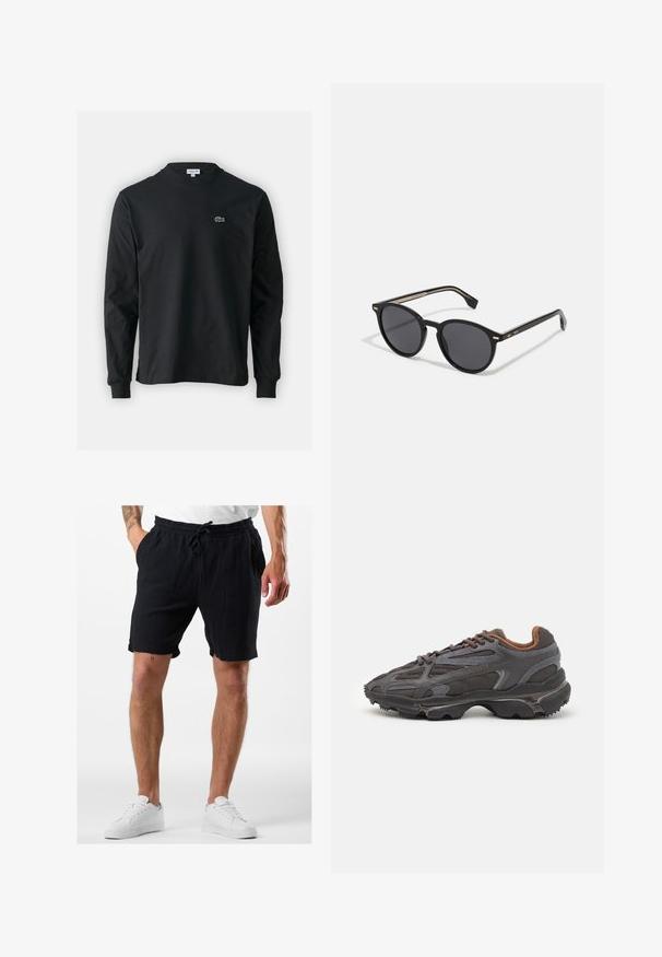 Schwarzes Langarm-T-Shirt aus Baumwolle, mit Rundhalsausschnitt und einem kleinen grünen, gestickten Krokodil-Logo auf der linken Brust.; Schwarze Baumwollkurzshorts mit einem elastischen Bund und Kordelzug, ausgestattet mit strukturiertem Stoff und seitlichen Taschen, getragen mit weißen Turnschuhen.; Lacoste Sneaker in Dunkelgrau aus Mesh und Synthetikmaterial, mit einer strukturierten Sohle und braunen Akzenten am Kragen und Logo.; BOSS Sonnenbrille - black