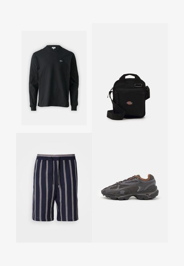 T-shirt noir à manches longues en coton, avec un col rond et un petit logo de crocodile brodé vert sur la poitrine gauche.; Shorts bleu marine avec des rayures verticales gris clair, taille élastique avec cordon de serrage, longueur au genou, fabriqués à partir d'un tissu texturé.; Baskets Lacoste en gris foncé, en matériau mesh et synthétique, avec une semelle texturée et des accents marron sur le col et le branding.; Sac à bandoulière noir avec une poche zippée, de forme rectangulaire, fabriqué en tissu, avec un patch logo à l'avant, bandoulière réglable.
